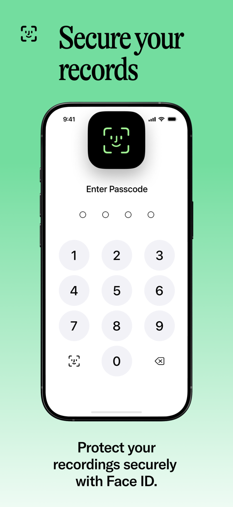 Call Recorder for iPhone Calls - Écran de l'iPhone montrant les fonctionnalités de sécurité d'enregistrement d'appels avec protection Face ID et code d'accès.