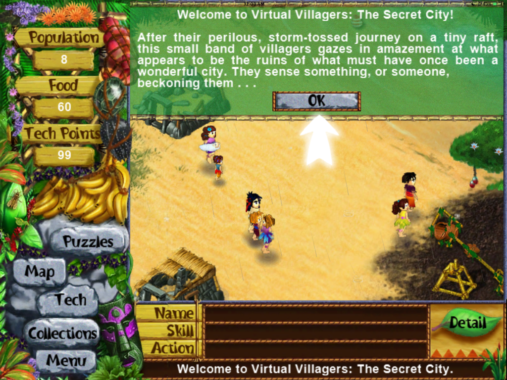 Virtual Villagers 3 for iPad - Introductory welcome message and gameplay interface for Virtual Villagers 3 on iPad showing a small tribe on a tropical beach.