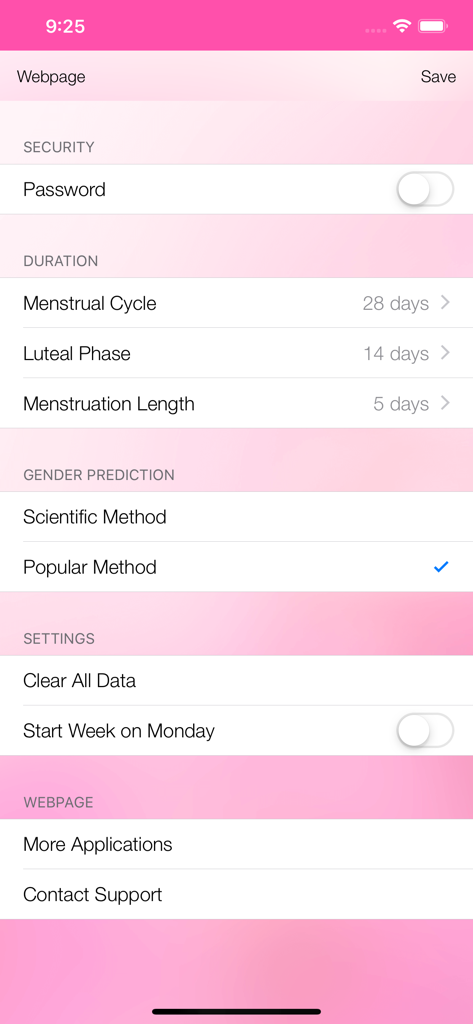 Menstrual Cycle Tracker - Settings screen of the Menstrual Cycle Tracker app showing cycle duration and gender prediction options