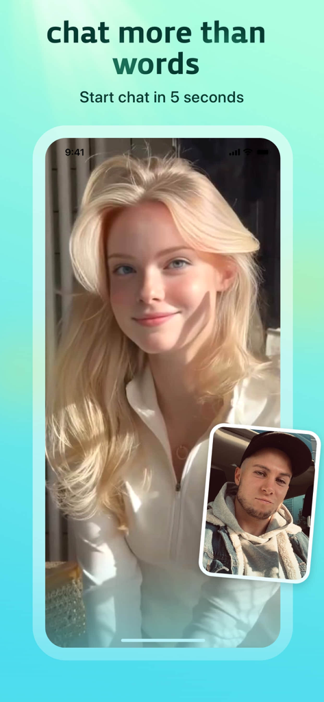 Kito-Chat,Video,Call - Una sesión de videollamada en vivo entre una mujer y un hombre en la interfaz de la aplicación móvil Kito.