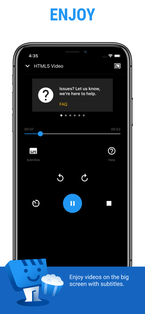 Mobile Bildschirmansicht der Wiedergabesteuerung von Web Video Cast mit Untertitel- und Casting-Optionen.
