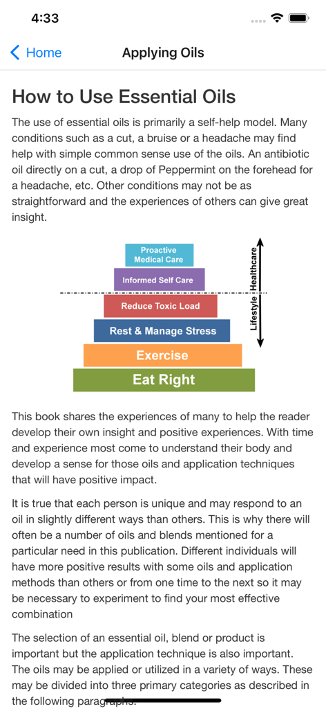 EoEbooks - A page from the EoEbooks app titled How to Use Essential Oils featuring a lifestyle and healthcare pyramid graphic.
