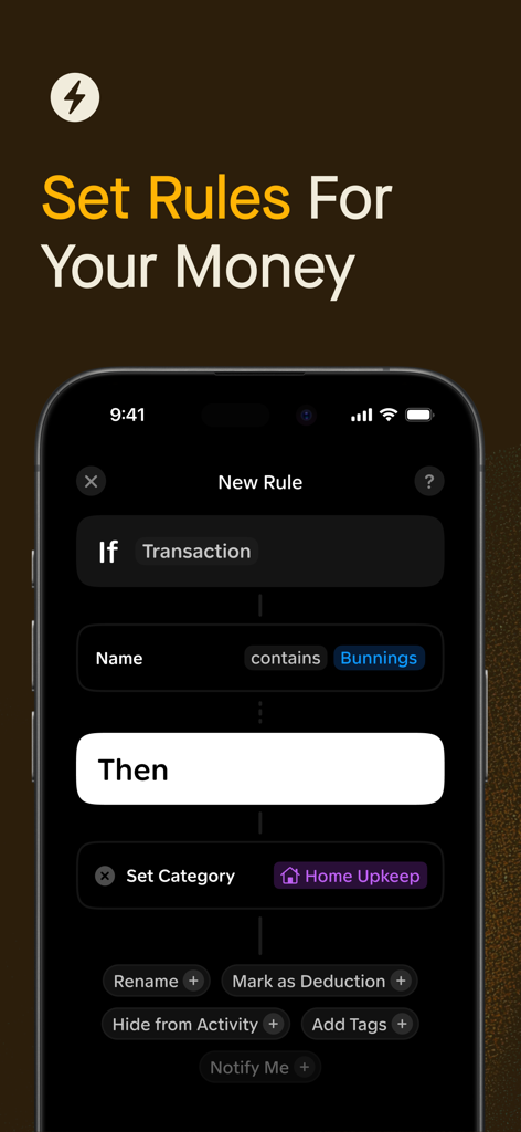 Gather - Uma captura de tela do aplicativo Gather mostrando a interface para definir regras automatizadas para categorizar e gerenciar transações financeiras.