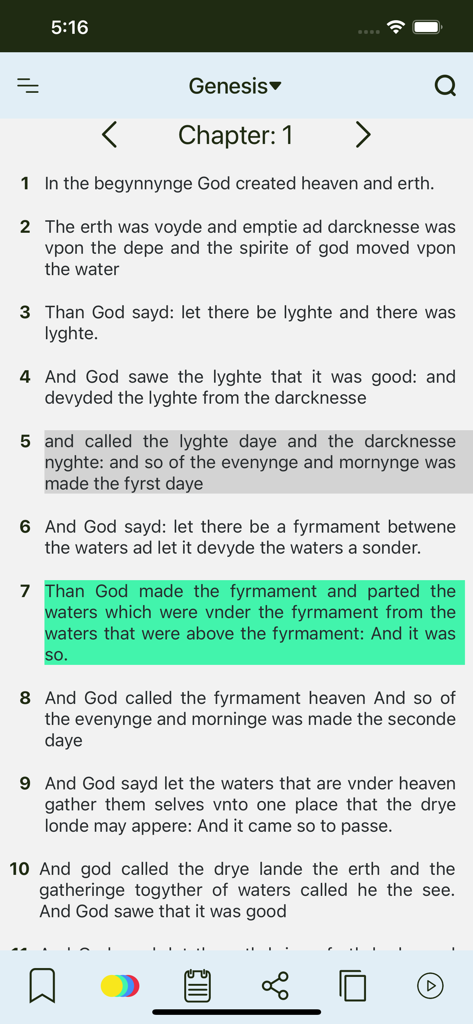 Tyndale Bible - Tyndale Bible app showing Genesis chapter one in archaic English with highlighted verses