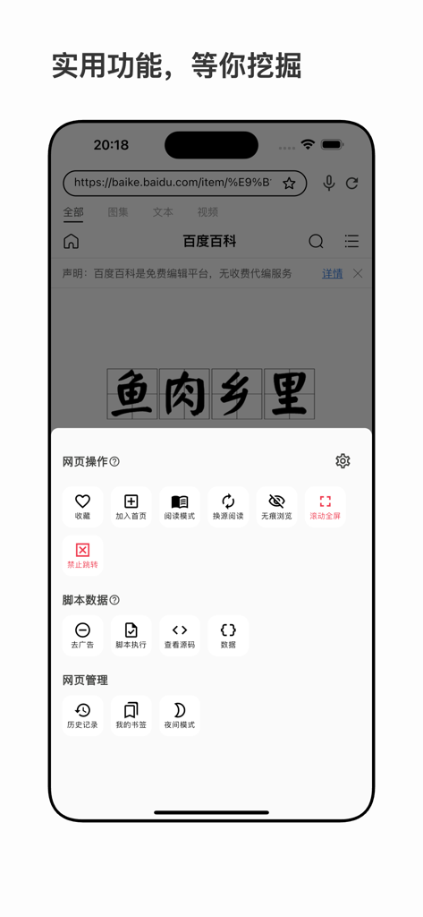 스크립트 실행 읽기 모드 및 소스 코드 뷰어와 같은 고급 도구를 보여주는 메뉴인 Xingso 모바일 브라우저의 고급 기능 메뉴