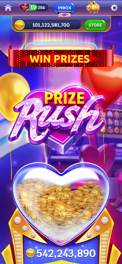 Heart of Vegas app screenshot showing the Prize Rush event with a heart shaped container overflowing with virtual gold coins and a win prizes banner
