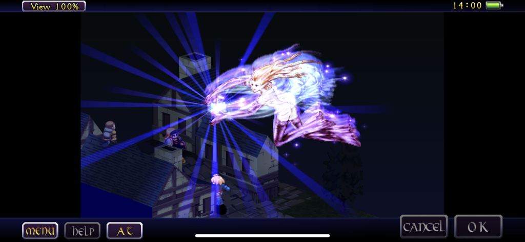 FINAL FANTASY TACTICS :WotL - Ein beschworener Geist, der einen hellblauen Zauber während eines isometrischen taktischen Kampfes in Final Fantasy Tactics War of the Lions wirkt.