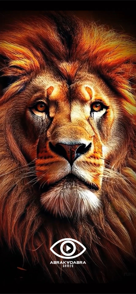 A detailed artistic illustration of a lion's face with the Abrakadabra Games logo at the bottom