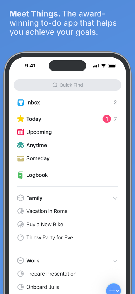 Panel principal de la aplicación gestora de tareas Things 3 en iPhone con listas de proyectos organizadas y un diseño minimalista.
