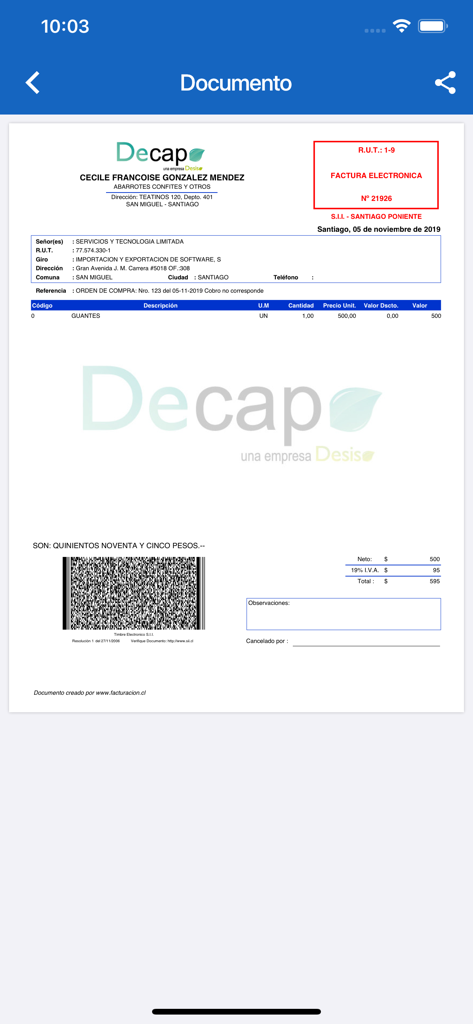 Facturacion.cl - Un visor de documentos digitales que muestra una factura electrónica chilena en la aplicación móvil Facturacion cl.