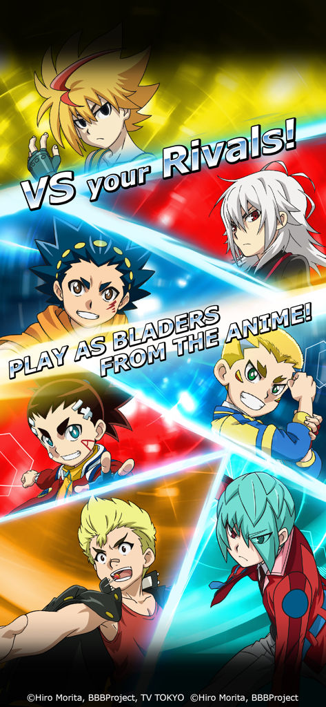 Un grupo de personajes populares del anime Beyblade Burst presentados en el juego móvil Rivals.