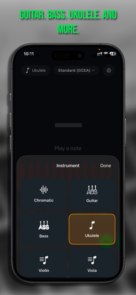 Tuner & Metronome: Attune - Menú de selección de instrumentos en la aplicación Attune que muestra opciones de afinación para guitarra, bajo, ukelele, violín y viola
