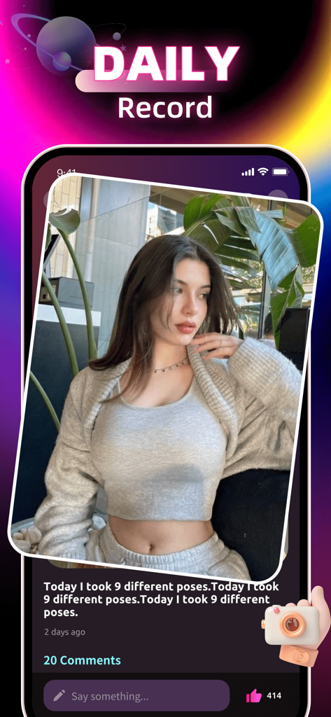 Olphy 앱의 스크린샷으로, 데일리 레코드 섹션에 댓글과 좋아요가 있는 사용자 사진 게시물이 표시됩니다.