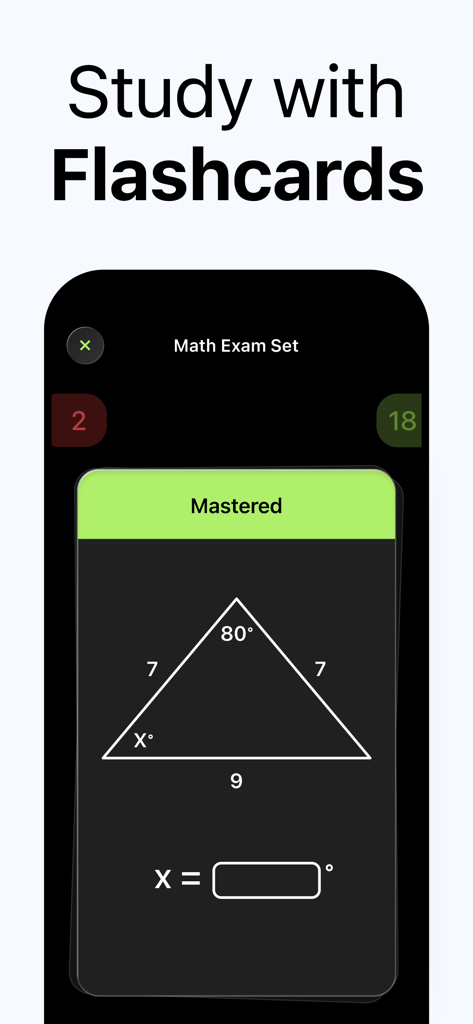 Solvo: AI Homework Helper - Interfaz de la aplicación Solvo AI Homework Helper mostrando una tarjeta de estudio de geometría para estudiar para el examen de matemáticas.