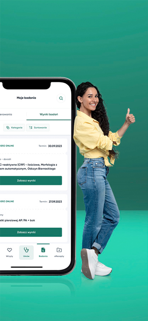 A woman gives a thumbs up next to a smartphone showing the Enel-Med medical test results interface