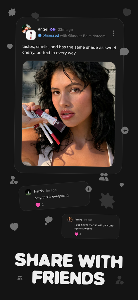 A social post on the TYB app featuring a user review of Glossier lip balm with community comments and a Share with Friends message.
