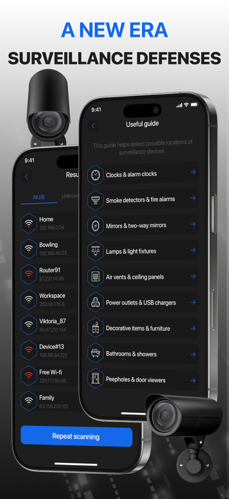 Analyzer Camera Detector Pro.X - Interfaccia di Analyzer Camera Detector Pro con guida al rilevamento di telecamere nascoste e risultati della scansione di rete