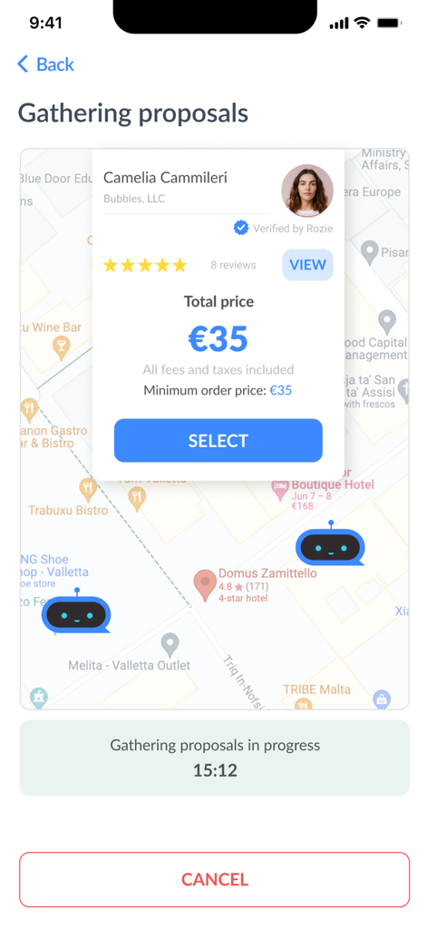 Rozie app screen showing a verified cleaner profile with upfront pricing and service map.