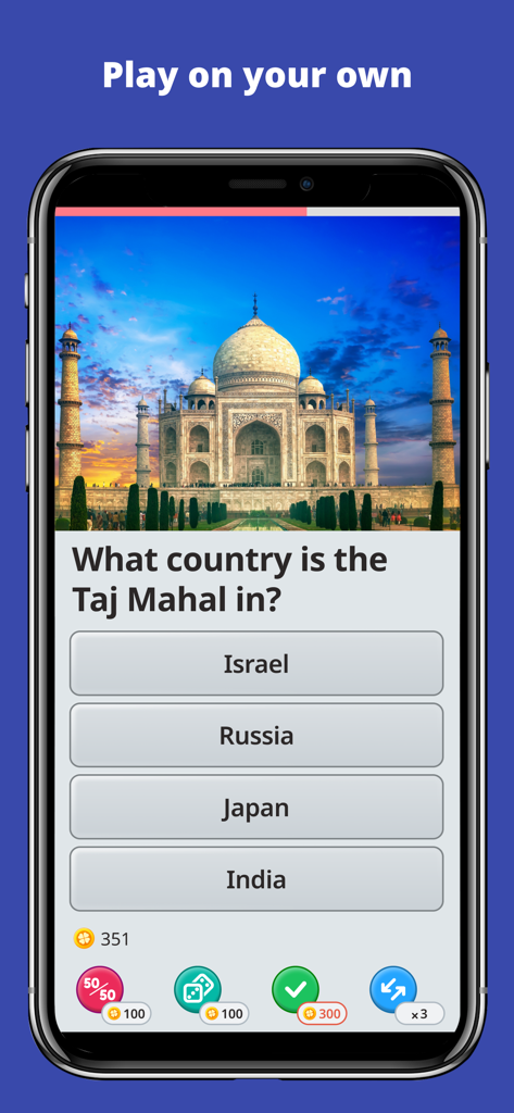 QuizzLand mobile app screenshot showing a trivia question about the Taj Mahal in solo mode
