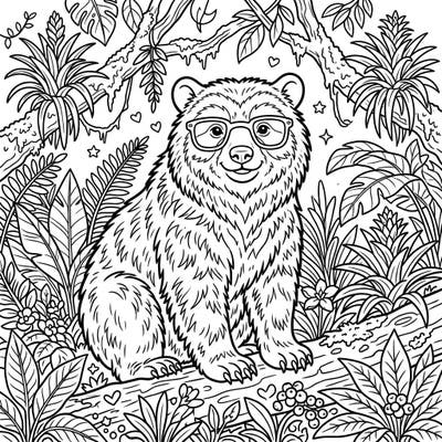 Discover the gentle charm of this spectacled bear coloring page, perfect for seniors seeking a relaxing and engaging activity. Featuring clear outlines and a wise bear wearing glasses amidst lush jungle flora, this design offers hours of creative enjoyment.