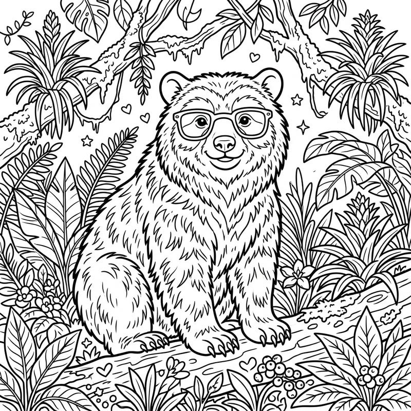 Discover the gentle charm of this spectacled bear coloring page, perfect for seniors seeking a relaxing and engaging activity. Featuring clear outlines and a wise bear wearing glasses amidst lush jungle flora, this design offers hours of creative enjoyment.