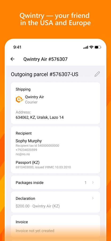 A screenshot of the Qwintry app displaying outgoing parcel shipping information including recipient details and customs declaration