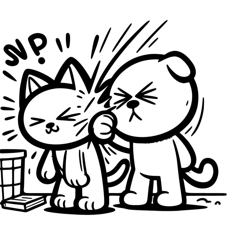 cartoony faceless cat slapping cartoony faceless dog