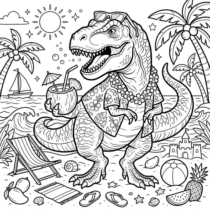 Get ready for a colossal splash with this T-Rex Summer Vacation coloring page! Imagine a massive dinosaur enjoying the beach, complete with a Hawaiian shirt and a refreshing drink.