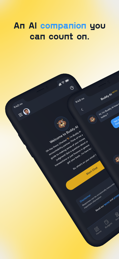 Schermate dell'app mobile Budgety che mostrano l'interfaccia di chat del compagno finanziario Buddy AI