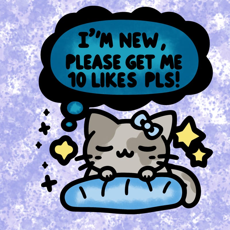 kitty taking a nap dream talking and saying "i'm new, please get me at least 10 likes pls!!"