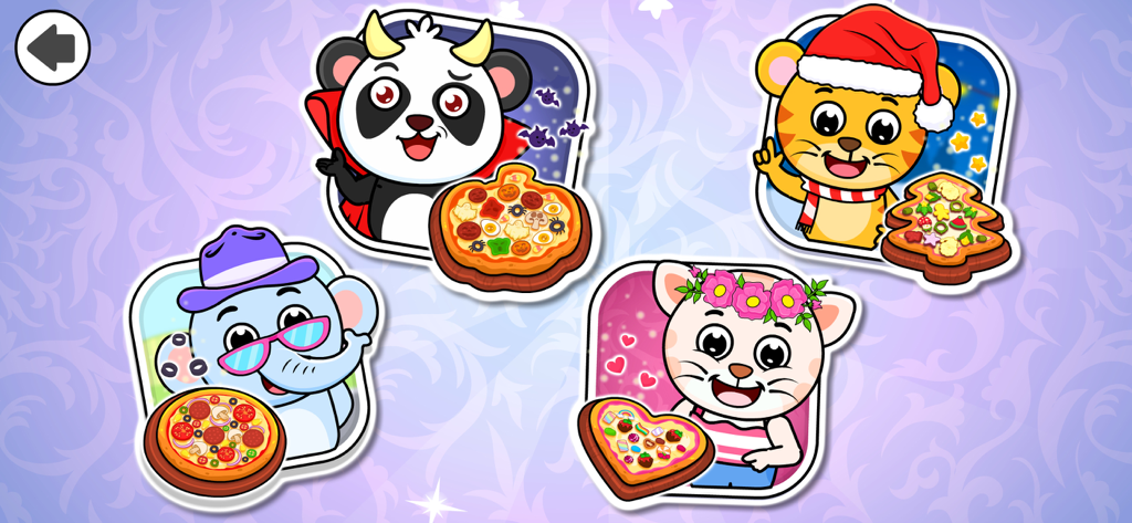 Pizza Maker Games for Kids 2-4 - クリスマスやハロウィーンなどのテーマのピザや動物のキャラクターが登場する、子供向けピザ作りゲームのメニュー。