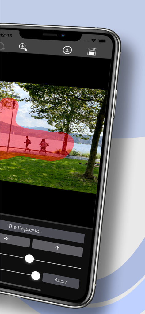 Replicator Tool - Clone Stamp - Uma tela de iPhone exibindo o aplicativo Replicator Tool com uma máscara de seleção vermelha sobre uma foto de paisagem para clonagem manual de objetos