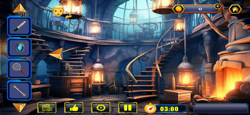Escape Room - Strand of Glory - Gameplay screenshot of a mysterious circular room with a spiral staircase and inventory items