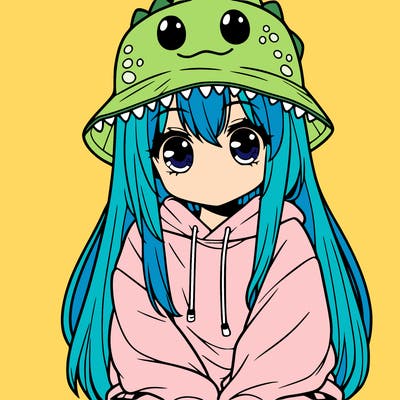 girl with anime shaped eyes with a dinosaur bucket hat oversized sweatshirt long straight hair
