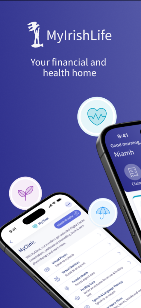 MyIrishLife app display featuring health and financial planning tools on mobile screens