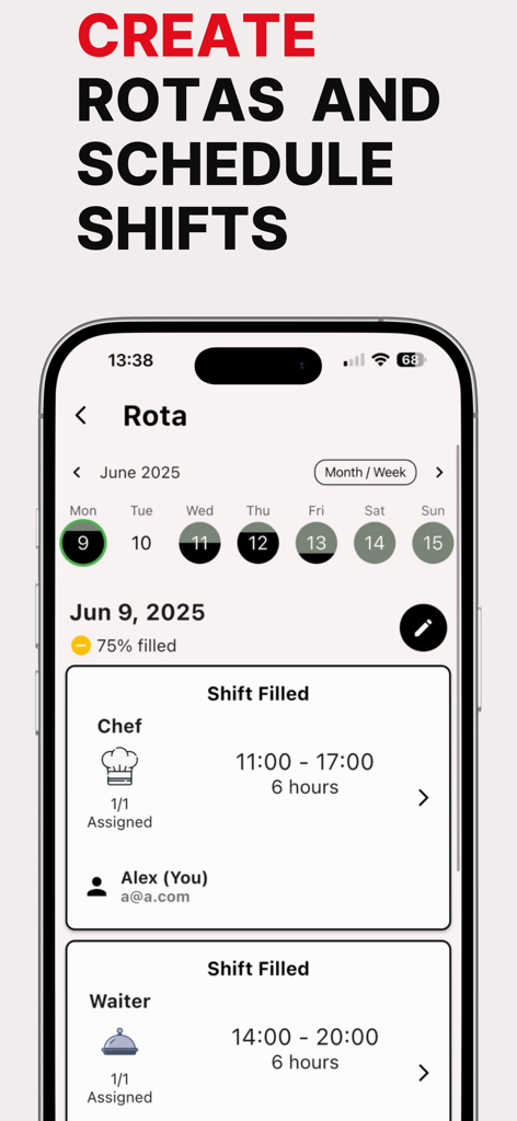 Leafe - Interface do aplicativo Leafe mostrando uma escala de funcionários e turnos agendados para funcionários de restaurante
