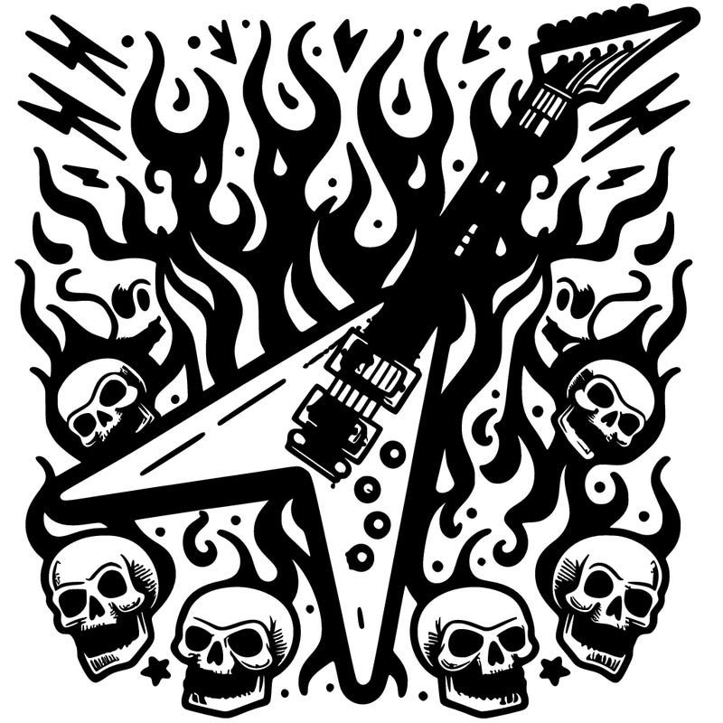 epic flying v electric guitar with flames surrounded by skulls