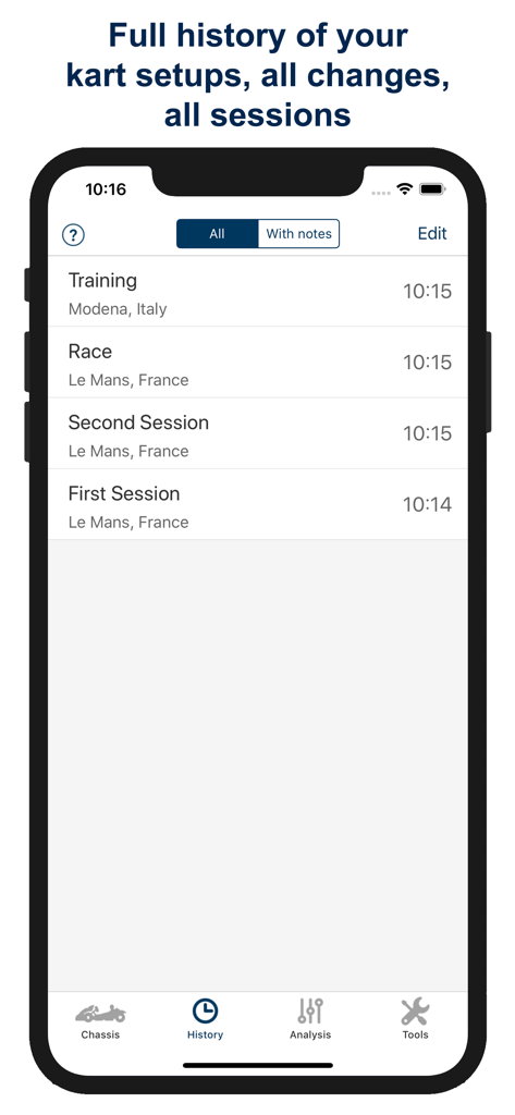 Kart-Rennsitzungsverlauf und Setup-Protokolle in der App