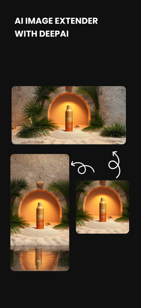 Una dimostrazione della funzione di estensione immagine di PixAI che mostra come un'IA può espandere lo sfondo e le proporzioni di una foto di prodotto.