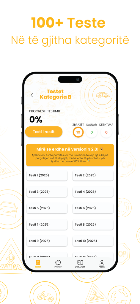 Oberfläche der Autoshkollaime-App, die eine Liste von Fahrübungsprüfungen für die Kategorie B anzeigt