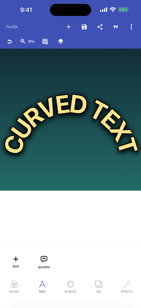 PixelLab app interface showing a curved text effect with yellow font on a dark green background