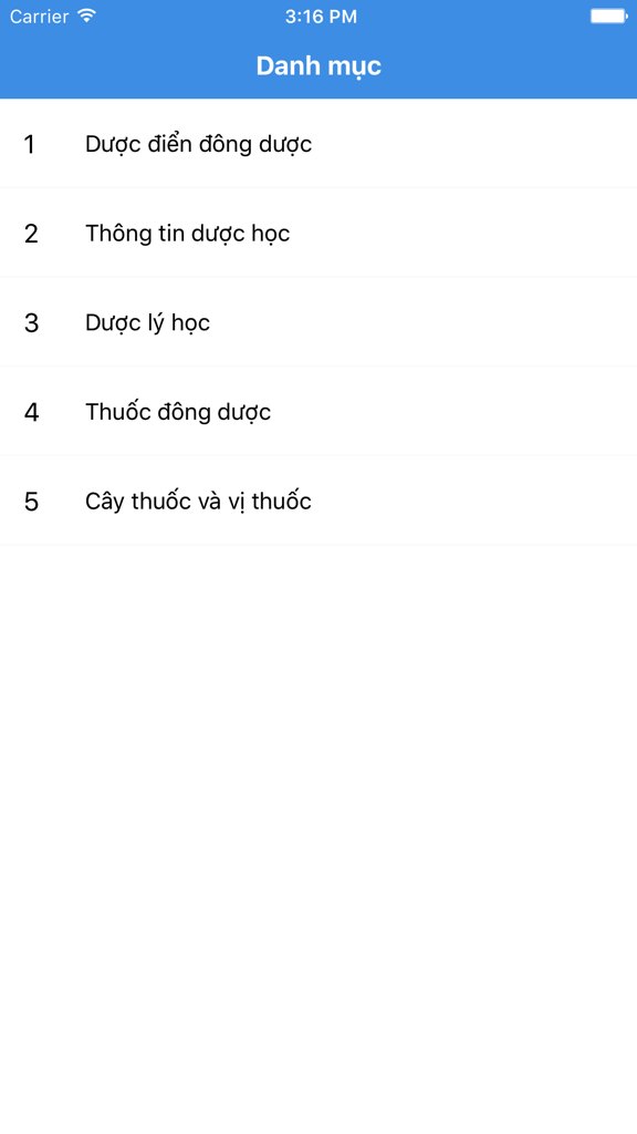 Y học - Dược lý - Main menu screen of the Medicine and Pharmacology app showing medical categories in Vietnamese