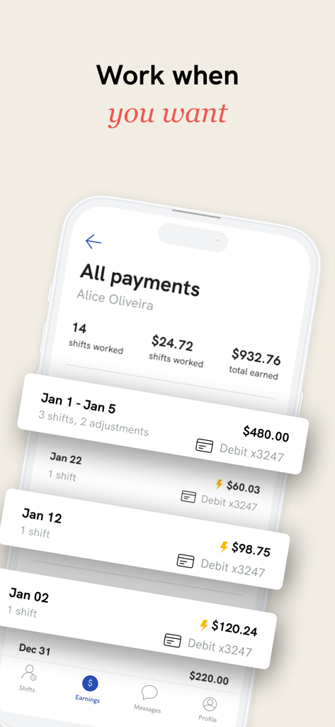 Instawork: Work when you want - Instawork mobile app screen showing a user's earnings and payment history for completed shifts