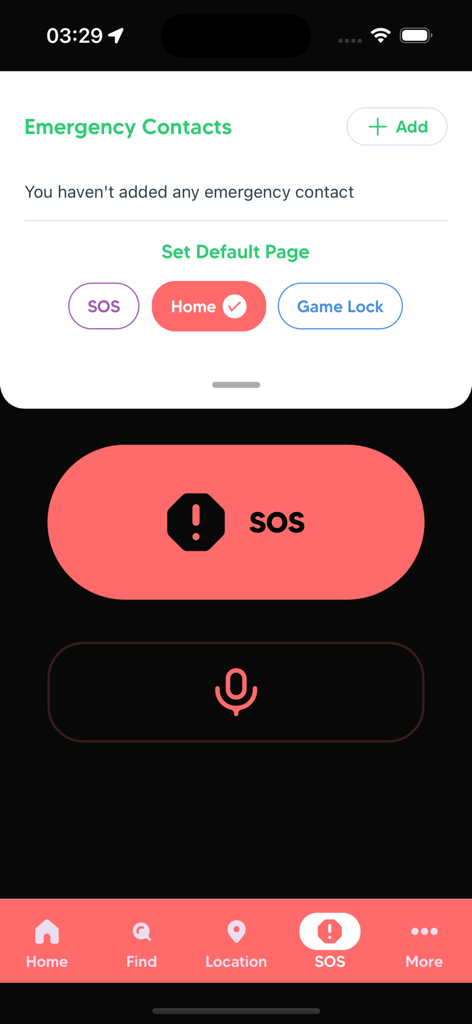 Tyda - Tyda app interface showing the SOS emergency alert screen with a large red panic button and emergency contact settings