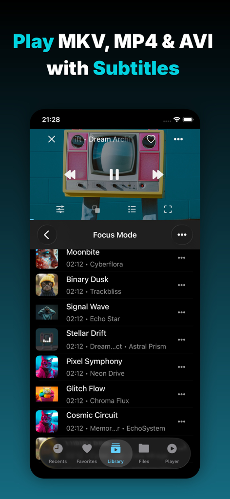 Evervideo: Play Any Video File - Evervideo app screen showing video player and media library with subtitle support