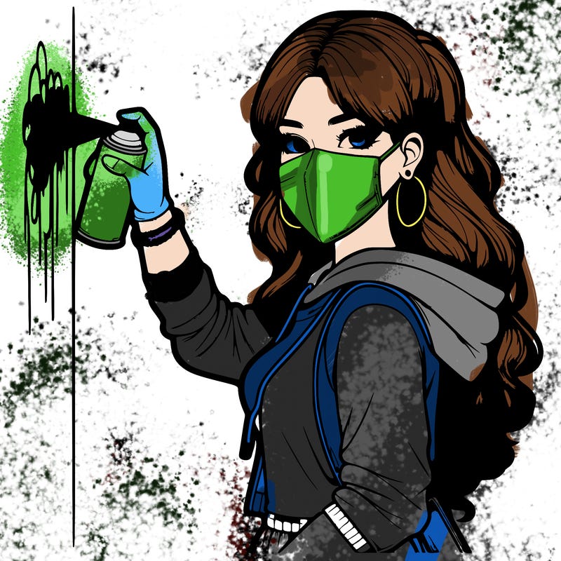 realistic girl with mask spray painting a wall