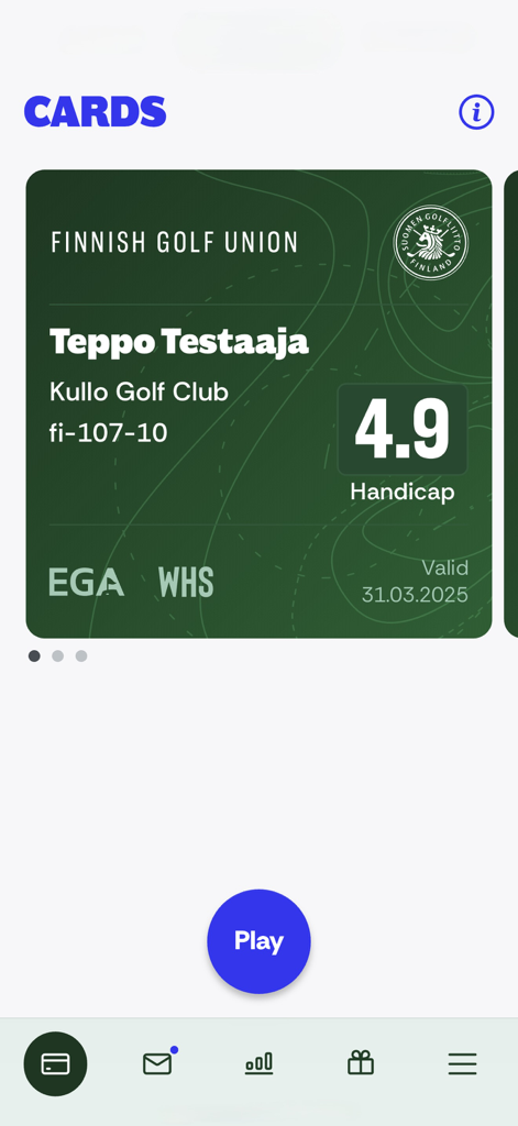 eBirdie - eBirdie app screen displaying a Finnish Golf Union digital membership card with player handicap and club details