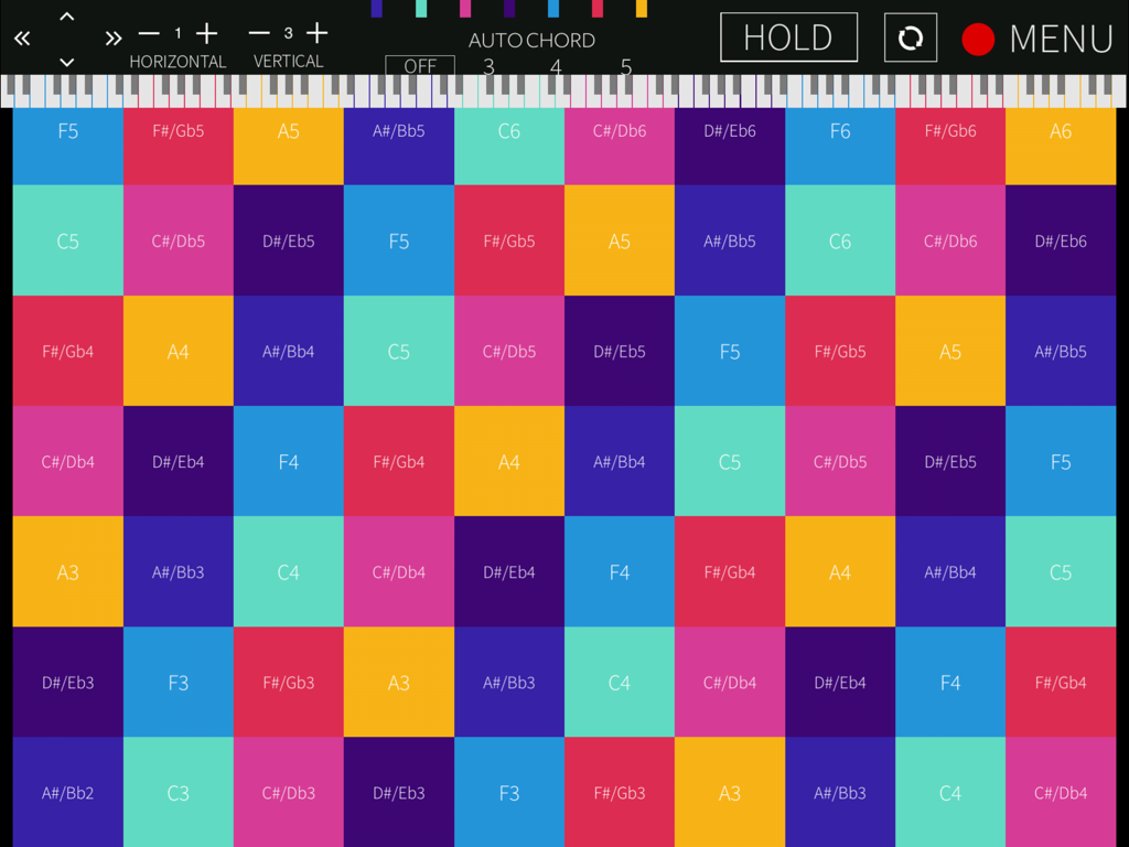 Polyplayground - A colorful isomorphic grid of musical notes and chords within the Polyplayground app interface.
