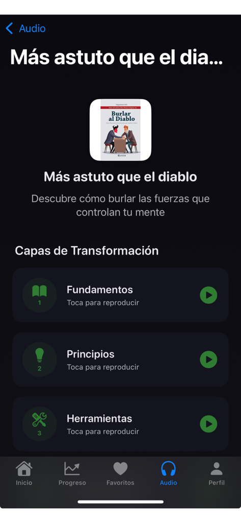 Huellas de vida - Audio player interface of Huellas de Vida app showing transformation layers for personal growth books