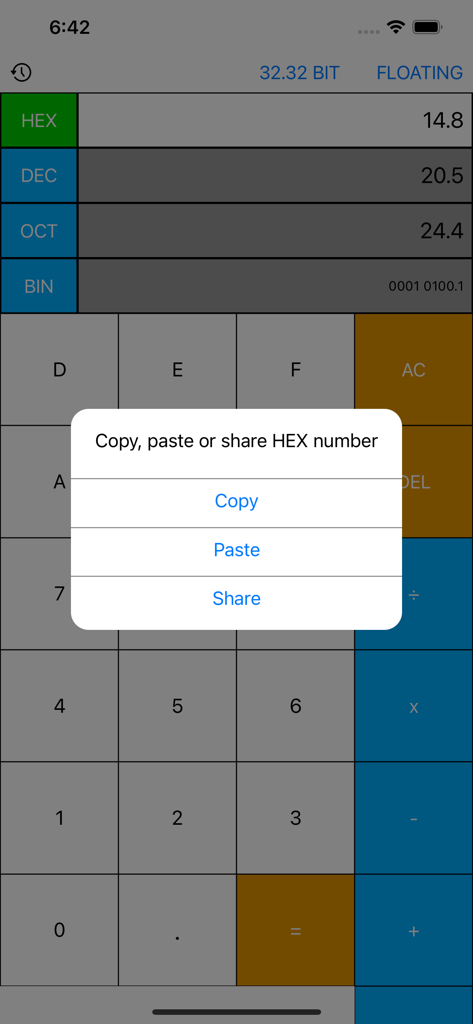 Programmer Calculator Pro interface showing hexadecimal conversion with a copy paste and share popup menu